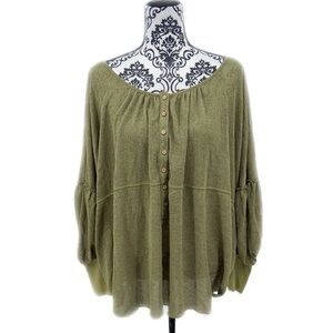 Free People Olive Green Quarter Button-Up Peasant Sleeve Women's Top